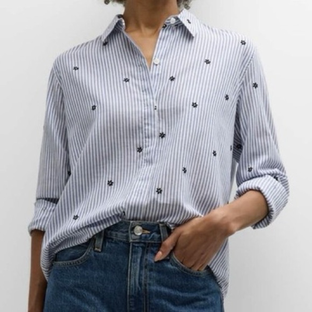 Rails Taylor Embroidered Flocked Daisies Button Down Striped Shirt